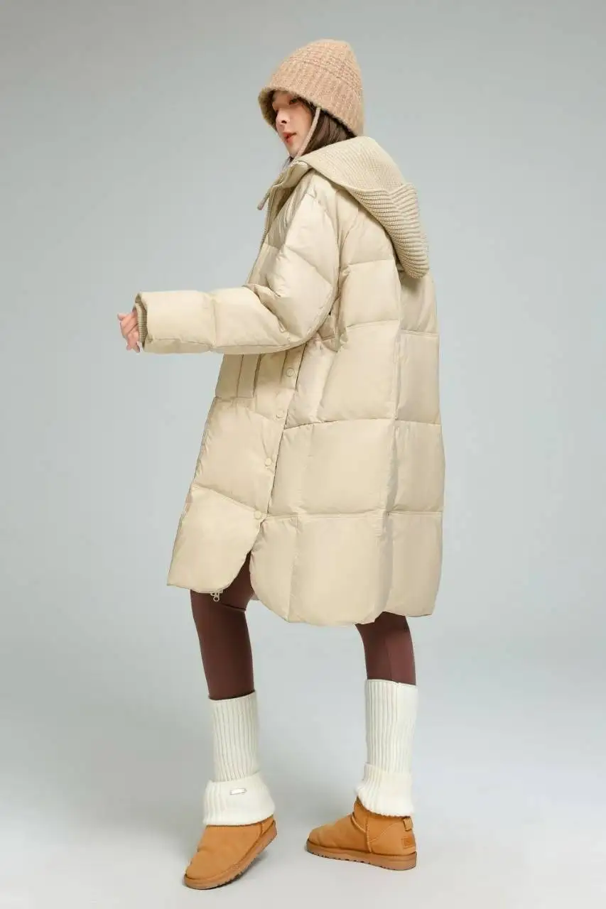 Winter Knitted Hooded Splice Down Jacket Women White Duck Down Double Zipper Outwears Female Warm Mid-length Parker Down Jacket