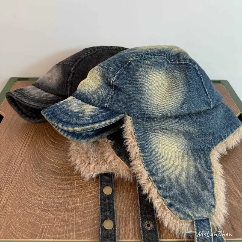 اليابانية الرجعية غسلها الدنيم زائد الصوف لي فنغ قبعة للرجال والنساء الشتاء سميكة ودافئة الدراجات سدادات حماية الأذن منفذها القبعات