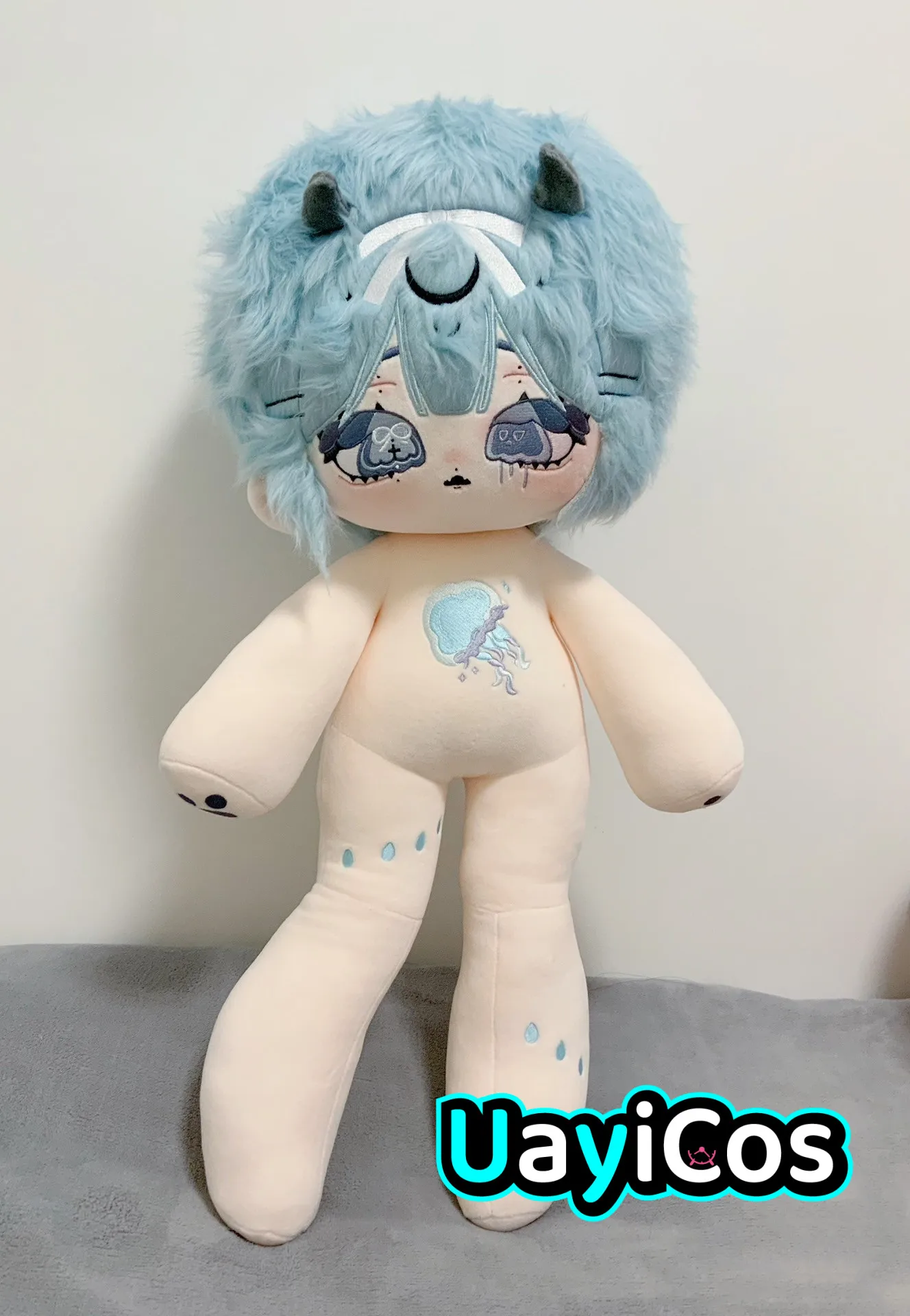 

60cm Anime Blue Hair shui mu Black Horn Angel Princess Fairy Girl Stuffed Long legs Plushies Plush Cotton Doll Body Toy For Kids