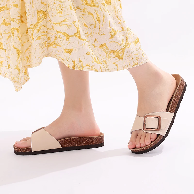 Litfun Women's Cork Sandals, Leather Flat Slides For Beach With Adjustable Buckle_voghion.com