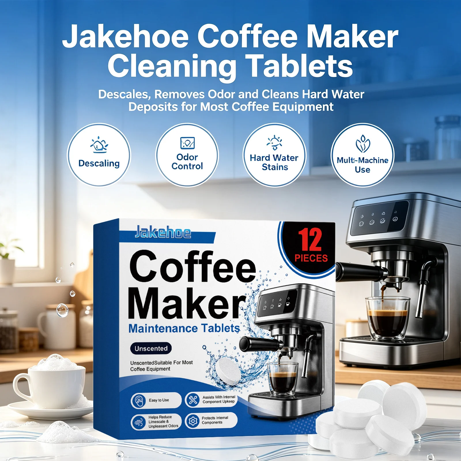 Jakehoe Coffee Maker Cleaning Tablets Dissolving Limescale Remove Hard Mineral Deposits Eliminate Odors Coffee Machine Descaler
