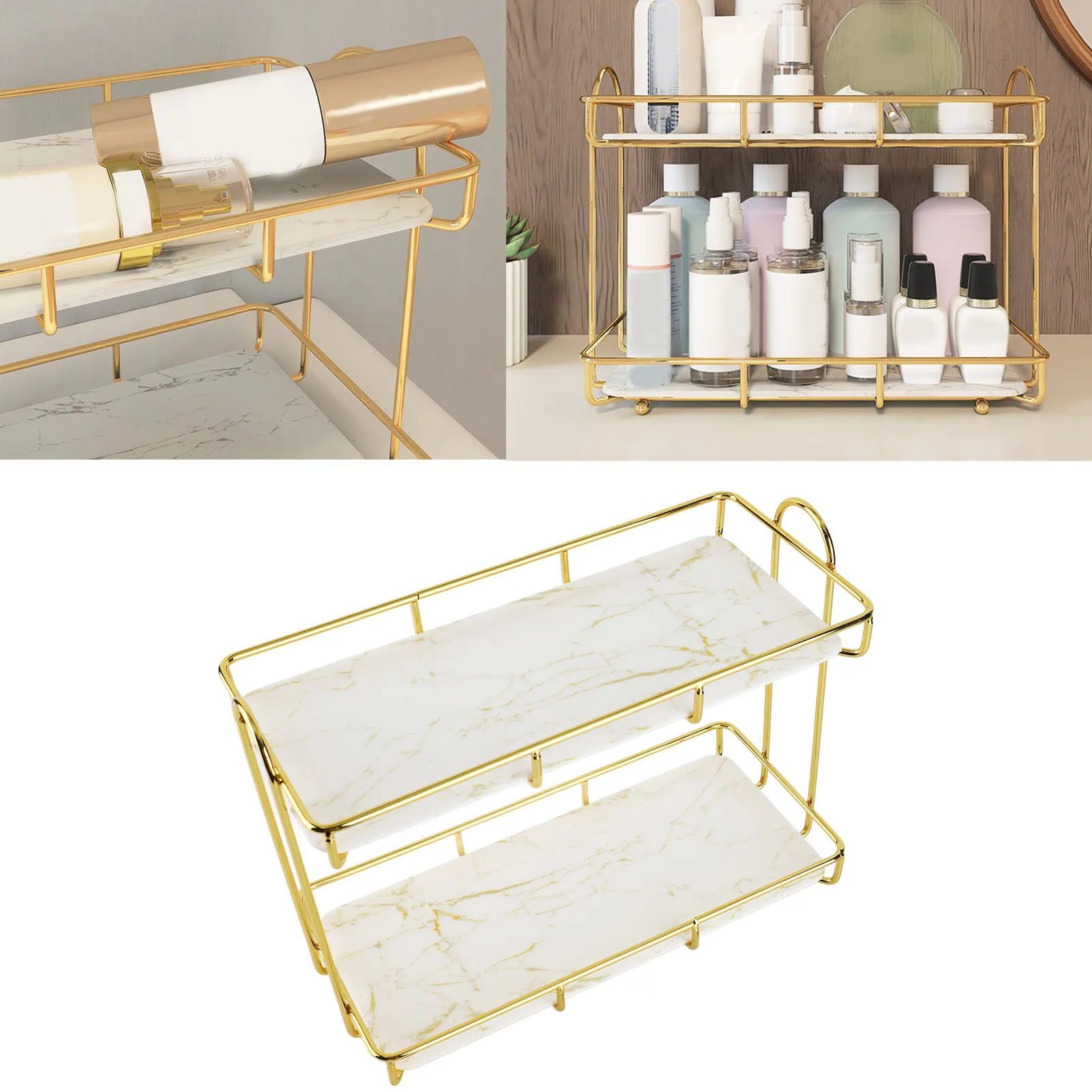 

Стеллаж для хранения в ванной комнате, золотисто-белый, 2-х уровневая полка для макияжа, гуманизированная структура, противоскользящий органайзер для стойки, органайзер для ванной комнаты