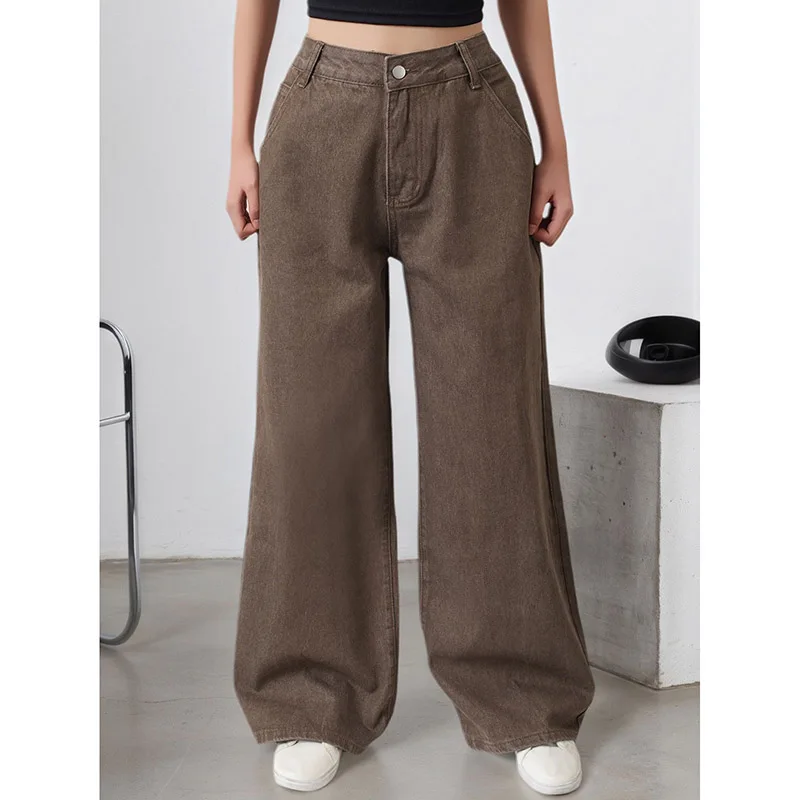

Women Classic Baggy Straight Leg Jeans Girls Chic Dark Brown High Waist Denim Trousers Lady Daily Casual Versatile Pants