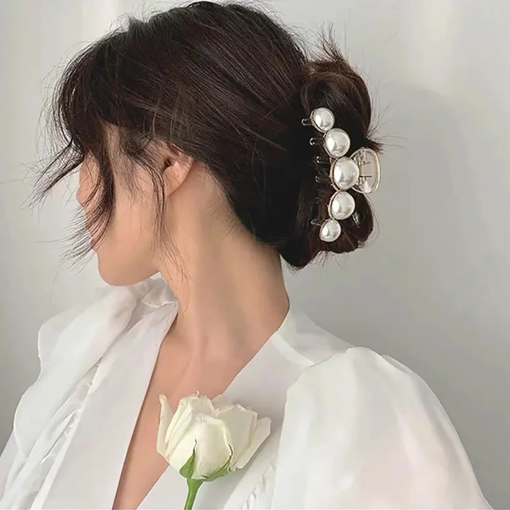 Pinzas para el pelo con perlas de cristal y diamantes de imitación brillantes para mujer y niña, horquillas de cangrejo de Metal geométrico, accesorios para el cabello