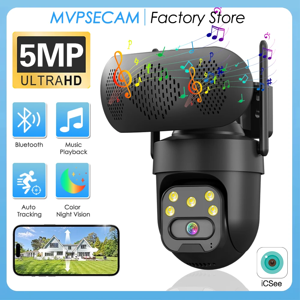 5MP سمّاعات بلوتوث كاميرا متحركة في الهواء الطلق واي فاي اتجاهين الصوت الإنسان السيارات تتبع كاميرات المراقبة مع مشغل موسيقى ICSee App