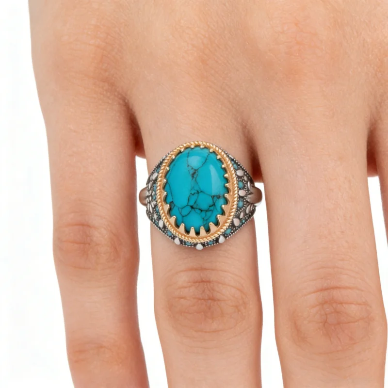 European and American Punk New Retro Men\'s Electroplating Two-color Inlaid Turquoise Ring Punk Style Personality Banquet Ring
