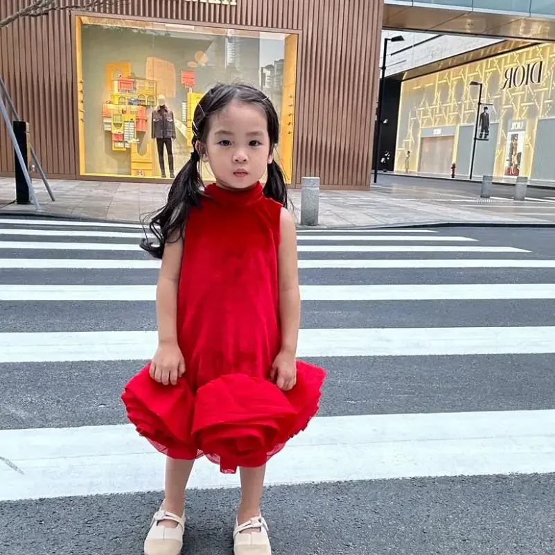 Summer Boutique Kids Clothing Black Hepburn Style Flower Sleeveless Girls Dresses A3954 Vestidos Girs Birthday Pageant Dress