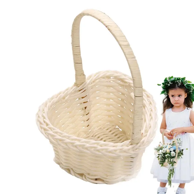 Rattan-Korb mit Griff, handgewebter Korb, Mini-Blumenmädchen-Korb, herzförmiger, gewebter Rattan-Blumenkorb für Hochzeit