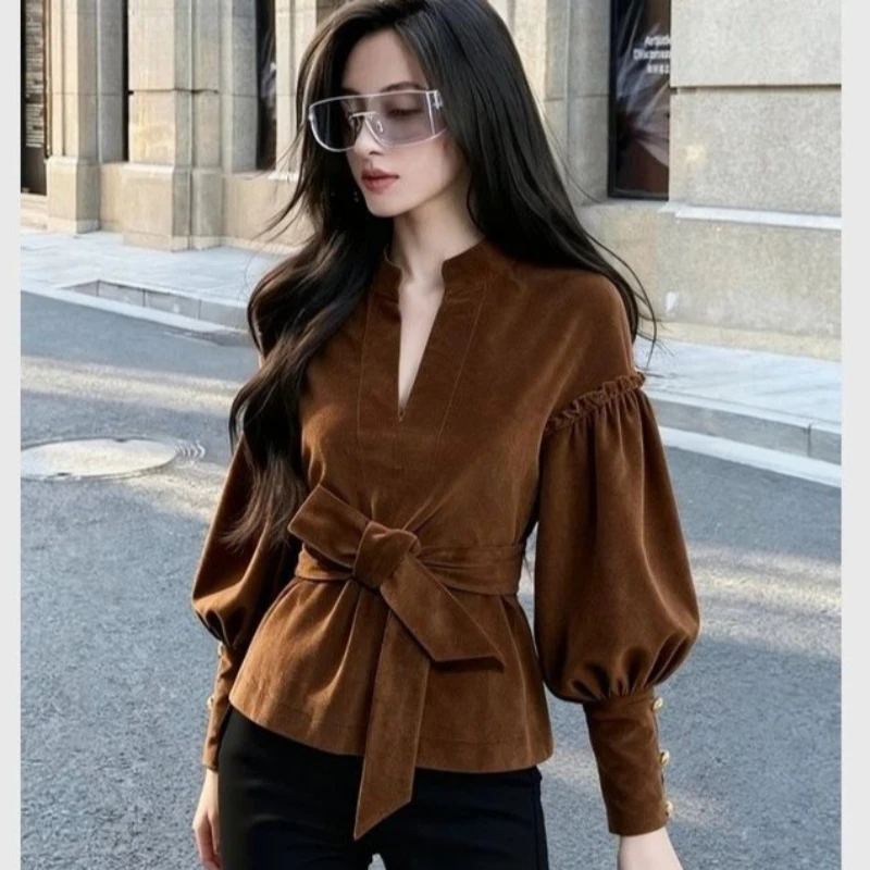 

2025 Spring Fall Women Elegant V Neck Lantern Sleeve Velvet Top Shirt , Woman Sash High Waisted Velour Tops Shirts