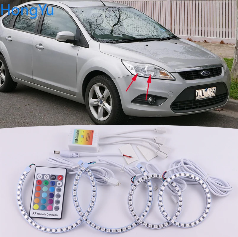 for ford focus MK 2 2004 - 2011 Accessories Latest Headlight Multi-color RGB LED Angel Eyes  Ring Eye DRL RF Remote Control