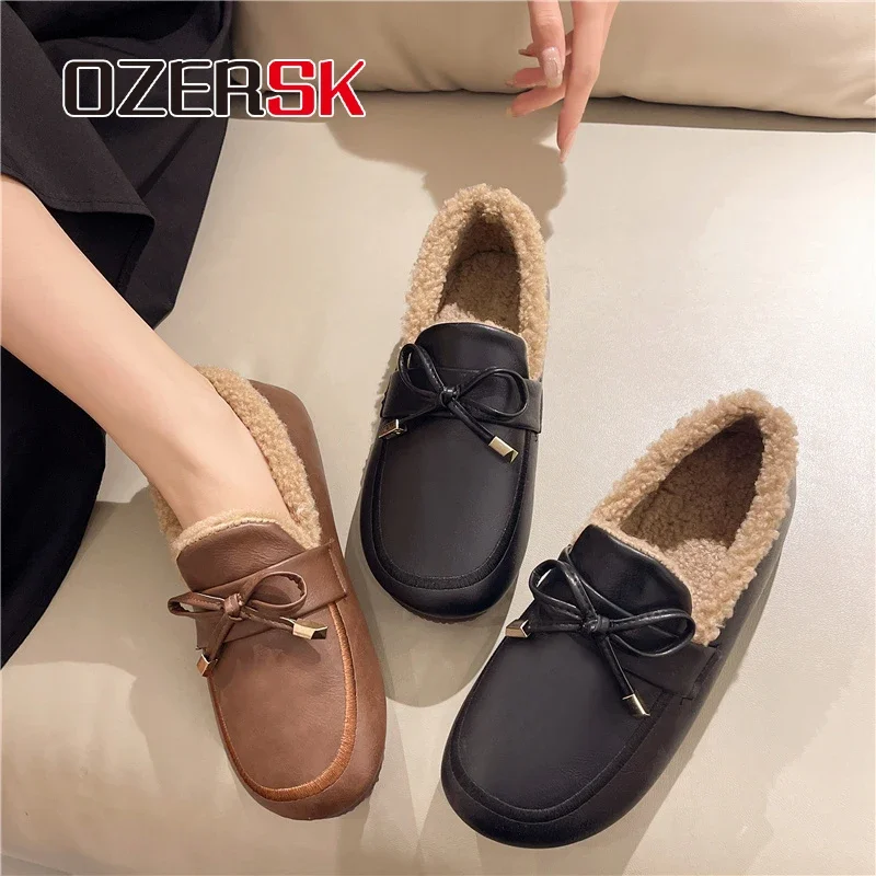 OZERSK Fashion Casual PU Leather Warm Fur Winter Outdoor Slip On Comfortable Slip On Plush Versatile Flats Shoes For Women