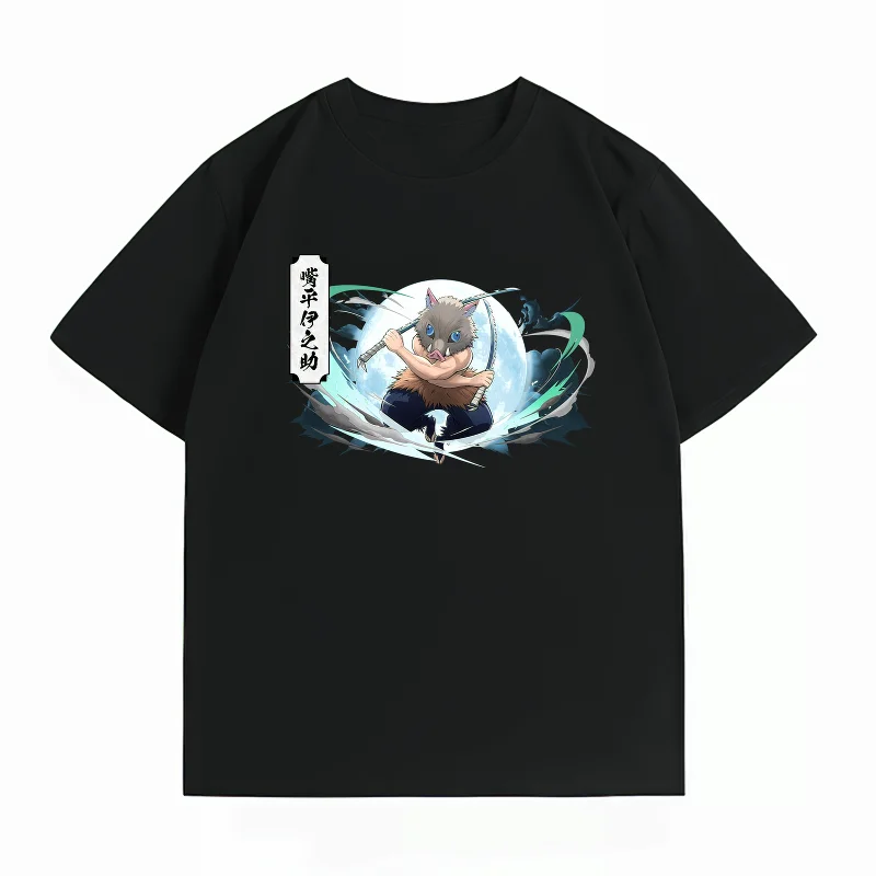 Bandai Demon Slayer Inosuke Hashibira 100% Cotton Men's T-Shirt, Summer New Men's Clothing, Casual Short Sleeve Anime Print Tee
