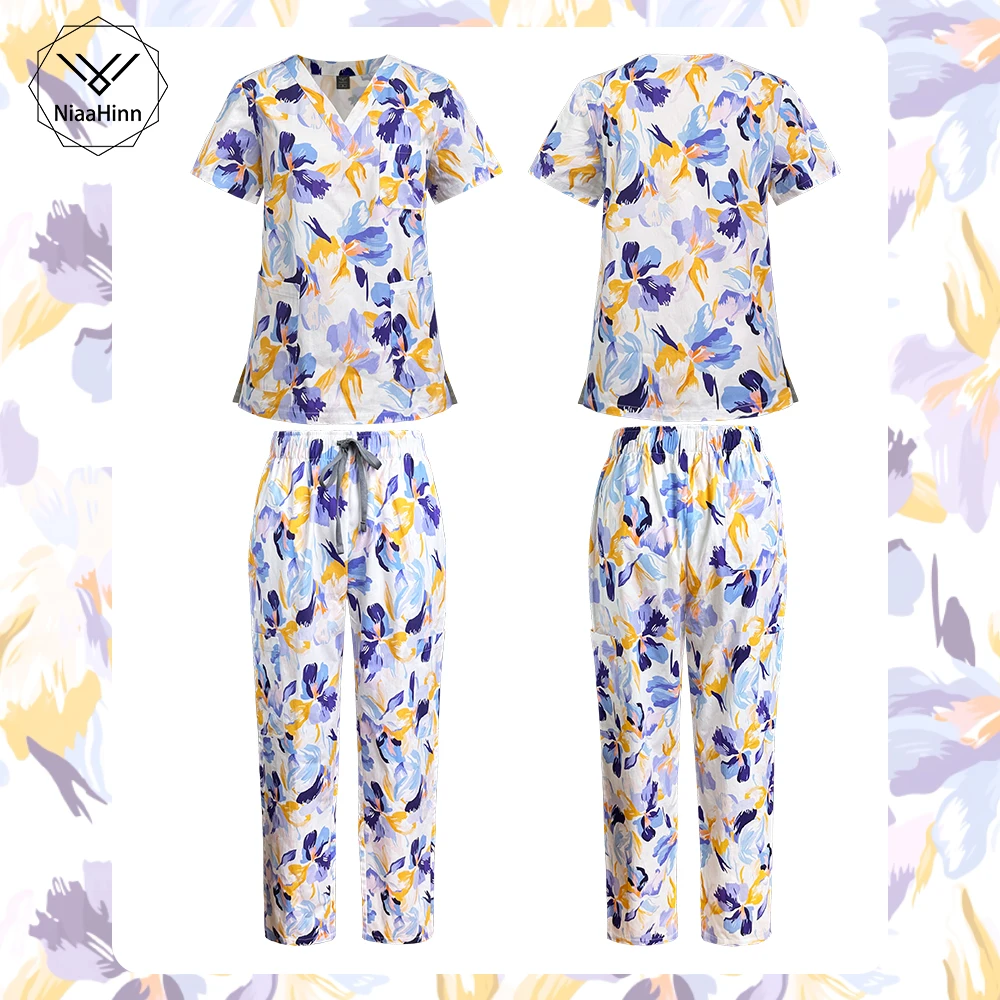 Printed Pattern Nurse Uniforms Scrub Sets for Women Hospital Uniform 100% Pure Cotton Soft Nursing Work Wear Clinic Lab Top Pant