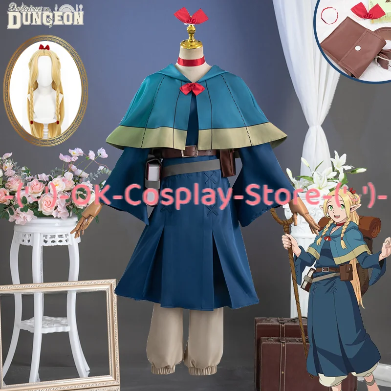 

Anime Delicious in Dungeon Marcille Donato Cosplay Costume Wig Dress Cloak Ears Hairpins Bag Belt Uniform Halloween Girls