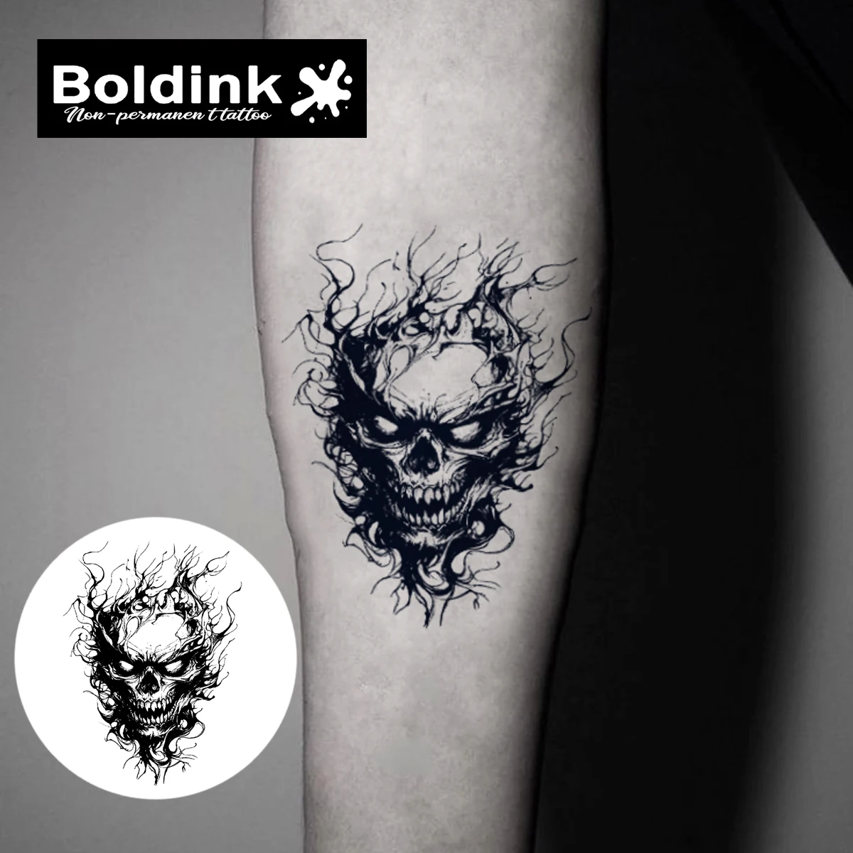 Boldink Flaming Skull Temporary Tattoo,Lasts To 15 Days New Technology Magic Waterproof Semi Permanent Sticker.