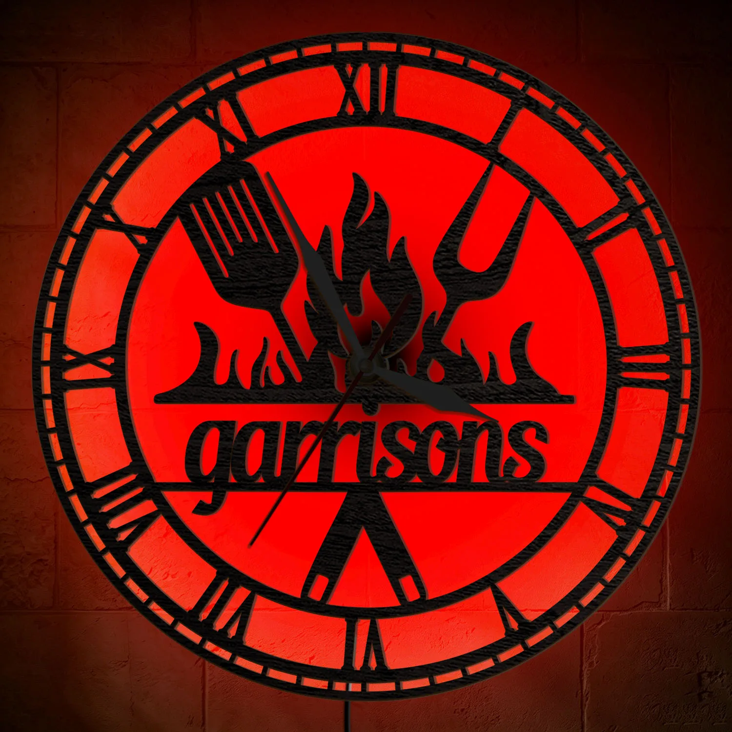 BBQ Grilling Fire Tools LED Night Light Wall Clock For Patio Man Cave Backyard Custom Barbecue Name Wooden Backlit Wall Clock