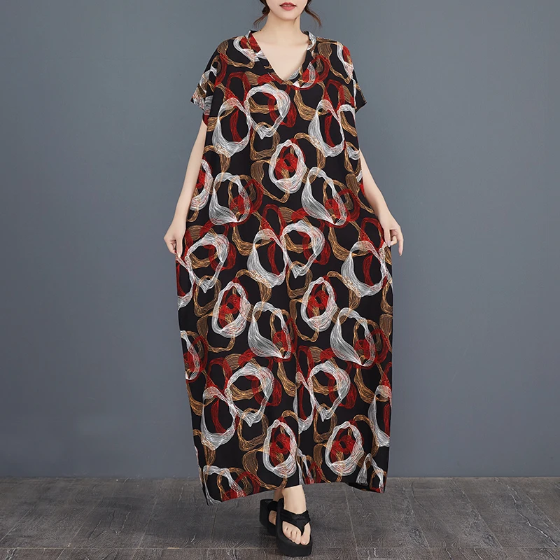 Gaun katun sutra longgar model batwing dengan kerah V, motif print, untuk wanita, cocok untuk liburan musim panas, dengan lengan panjang lurus.