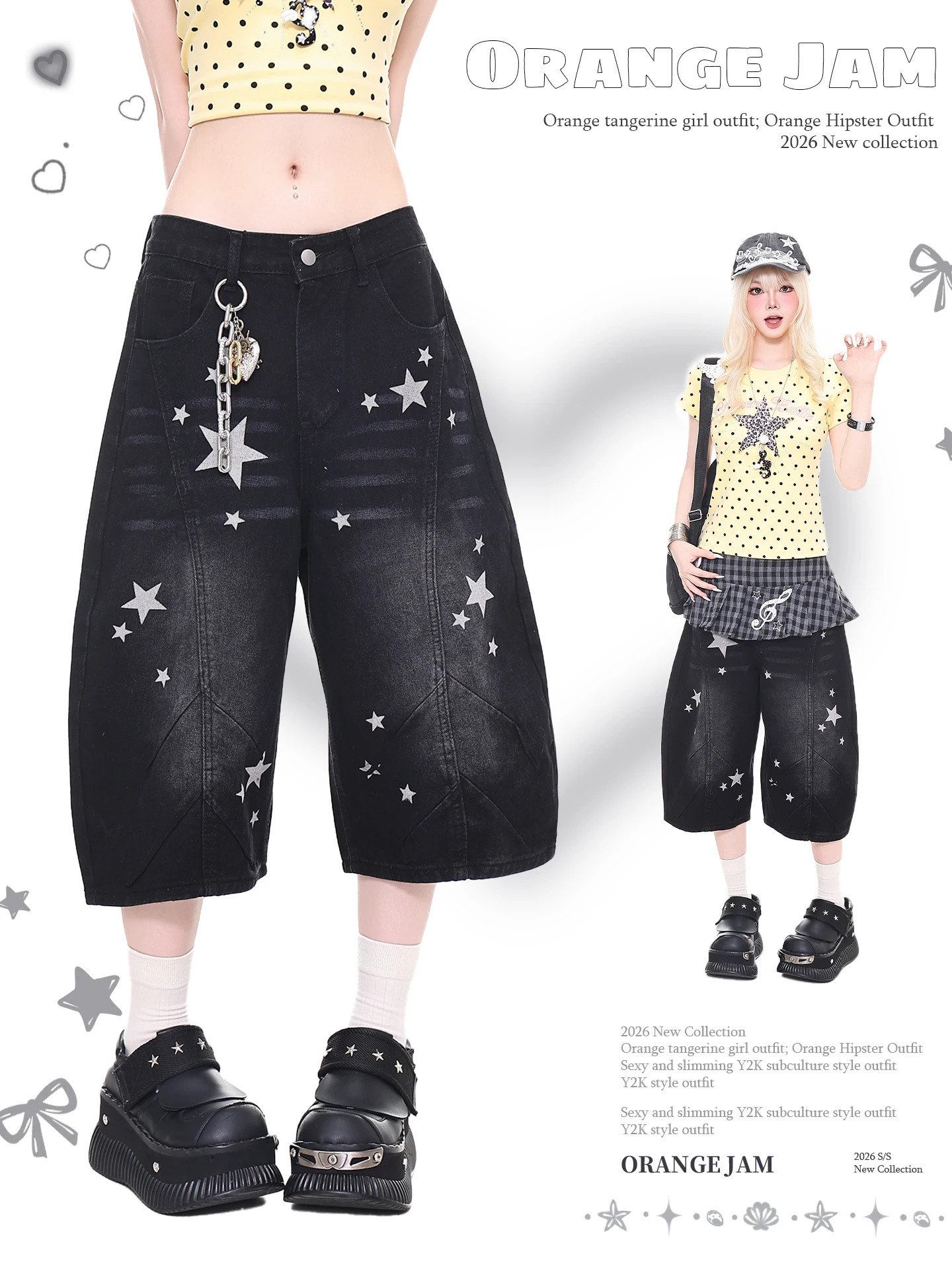 

YO Retro Star Print Washed Denim Wide Leg Seven-Foot Pants Women Y2K Loose Shorts Mid-Length Casual Summer Jeans