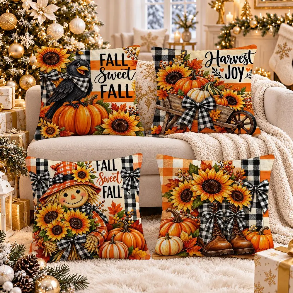 Sunflower Scarecrow Fall Cushion Cover 1/4Pcs Soft Plush Cushion Case Throw Pillowcase Cozy Home Sofa Bed Living Room Decor