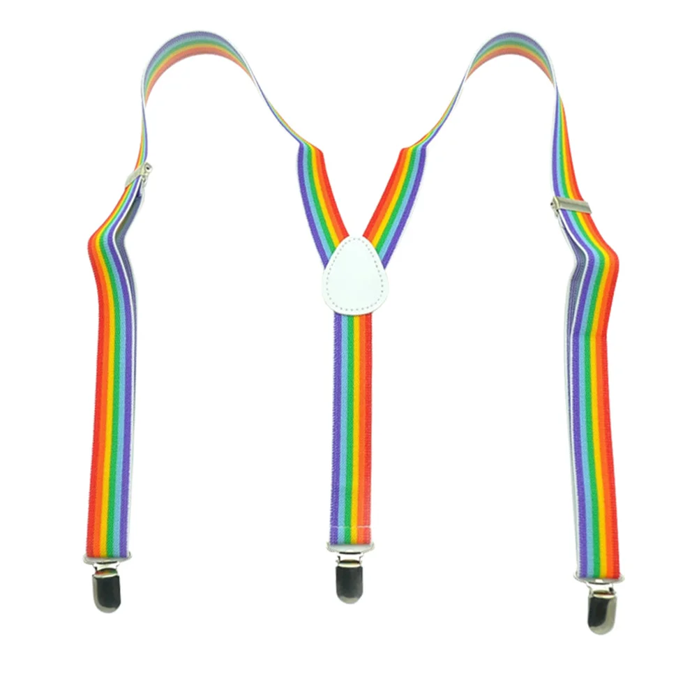 Unisex Rainbow Suspenders Y-Shape 3 Clips Adjustable Elastic Comfortable Pant Braces for Casual Formal Wear 85cm