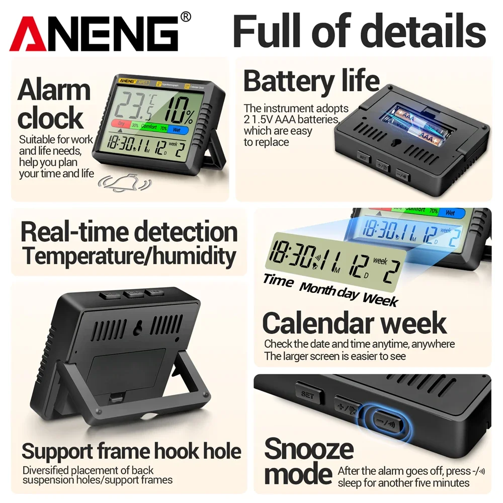ANENG AP01 Medición multiescena Pantalla de alta definición Termómetro de aire digital Higrómetro Termohigrómetro Reloj electrónico