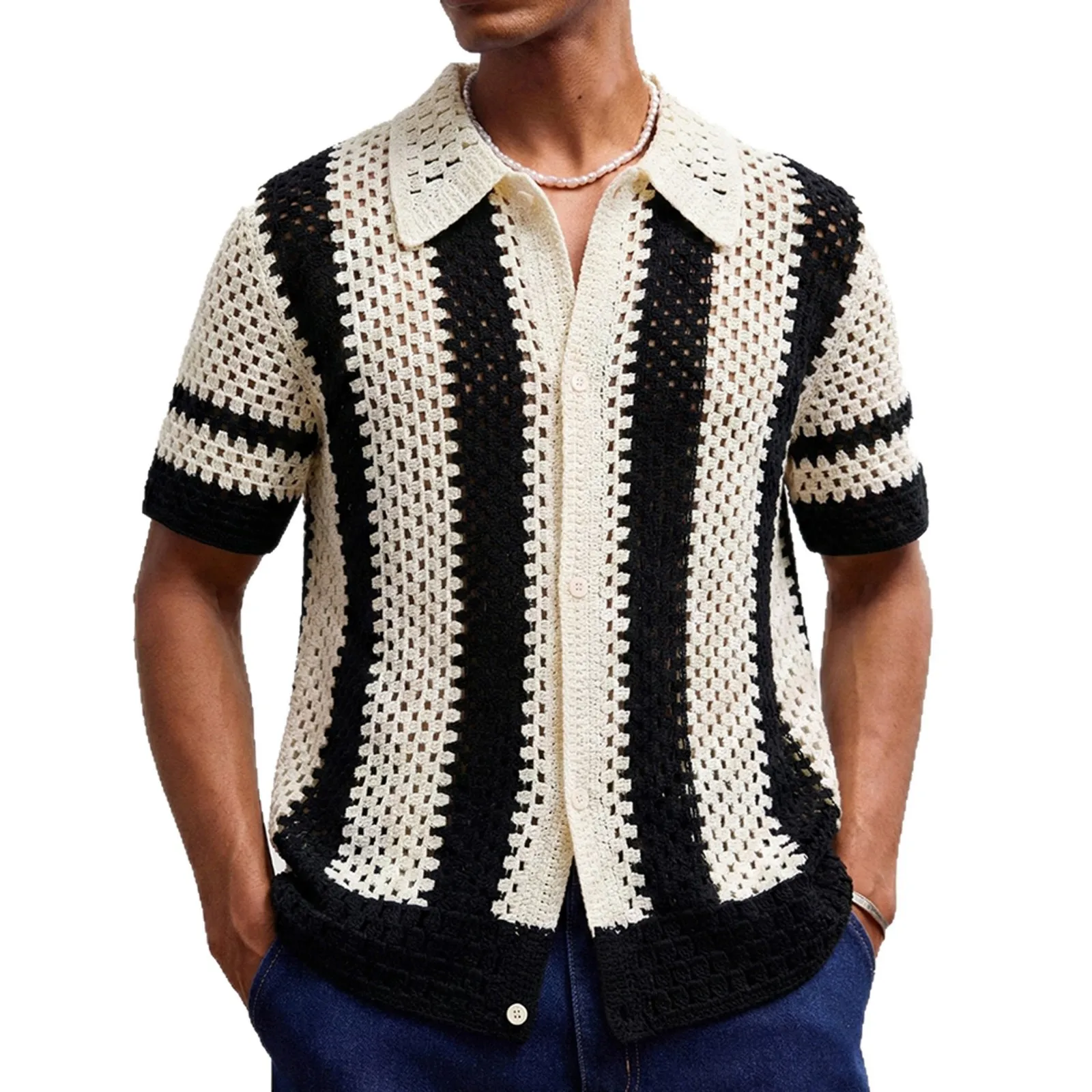 Men's Knitted Shirt Luxury Fashion Men's Summer New Collection Short Sleeve Water soluble Hook Flower Polo Shirt Men's Top