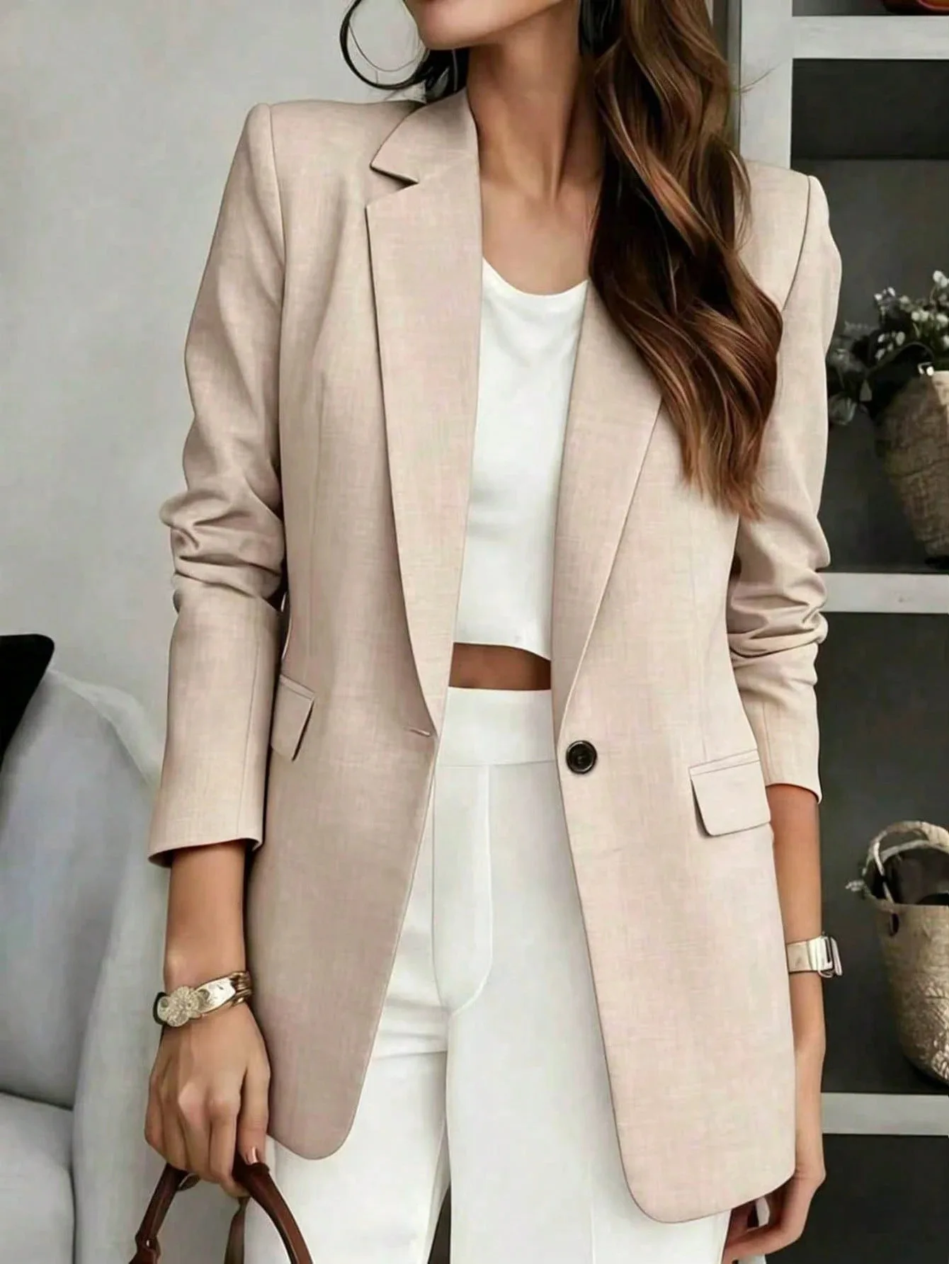 Damen-Blazer mit Reverskragen, Ein-Knopf-Verschluss, Langarm-Jacke mit Scheintaschen, Elegante Büro-Business-Formelle Oberbekleidung – Detail 9