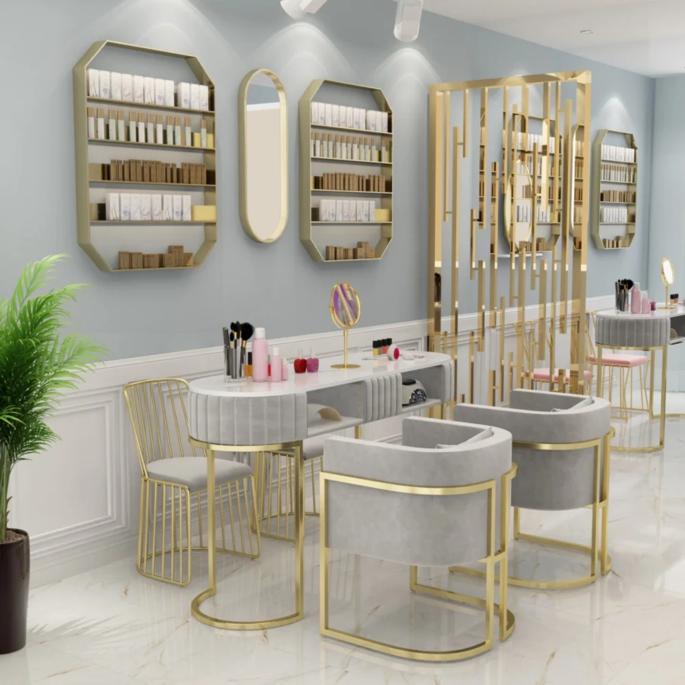 #Light Luxury Marble Nail Art Table And Chair Set, Double-layer Wrought Iron Single/Double Table With Sofa Chair