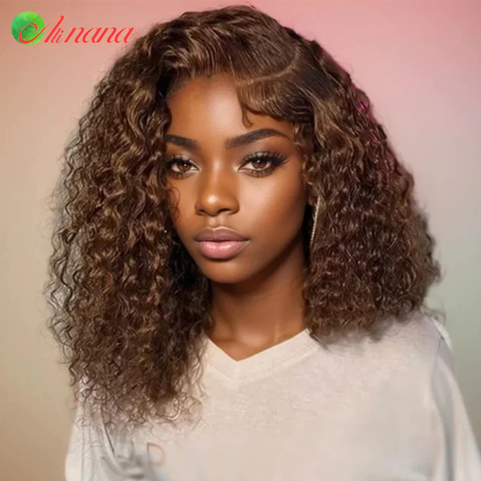 

Chocolate Brown #4 Colored Bob Wig Kinky Curly 13x4 Lace Frontal Wig Human Hair Wigs Pre-Plucked Water Wave Curly Short Bob Wigs