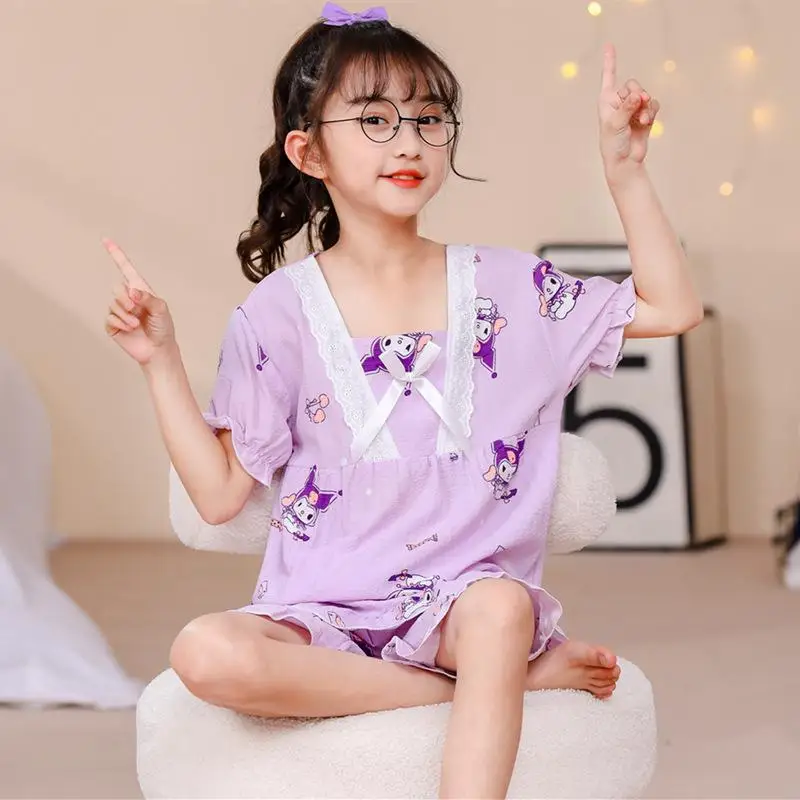 Sanrios Hellokitty Cinnamoroll Kuromi My Melody Pajamas Set Anime Kawaii Summer Loose Fitting Leisure Lace Short Sleeve Shorts