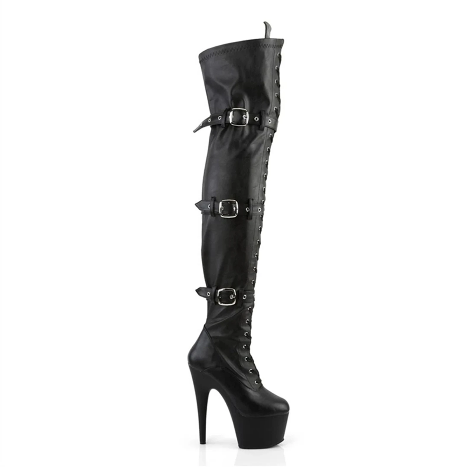 Patent Over Knee Boots 17CM Heels | SIDE LACE-UP & Buckle Strap | Glossy Goth Platform Heels for Club & Stage