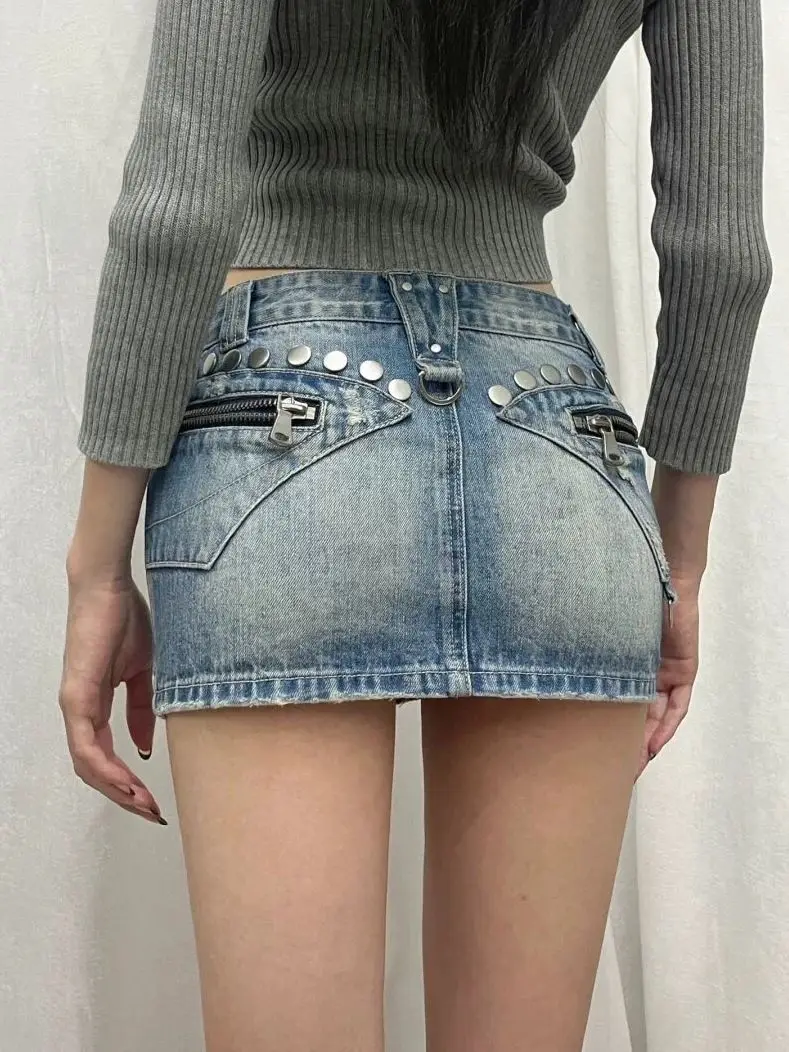 2024 Denim skirt American Y2K retro heavy industry rivet denim skirt female hot girl slimming slim a-line hip skirt trend