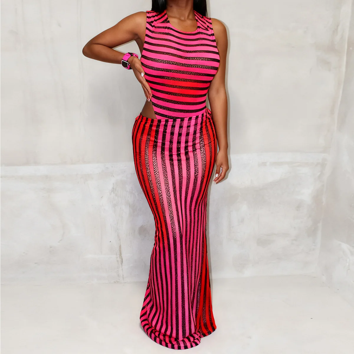 

MORODERSpring And Autumn New Product Bestseller Sensual Semi-Transparent European And American Striped Skirt Set For Women