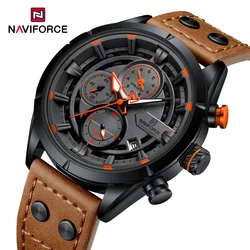 NAVIFORCE 남성용 럭셔리 시계, 캐주얼 크로노그래프 쿼츠 손목시계, 남성 가죽 스트랩, 방수 시계, Relogio Masculino 2024