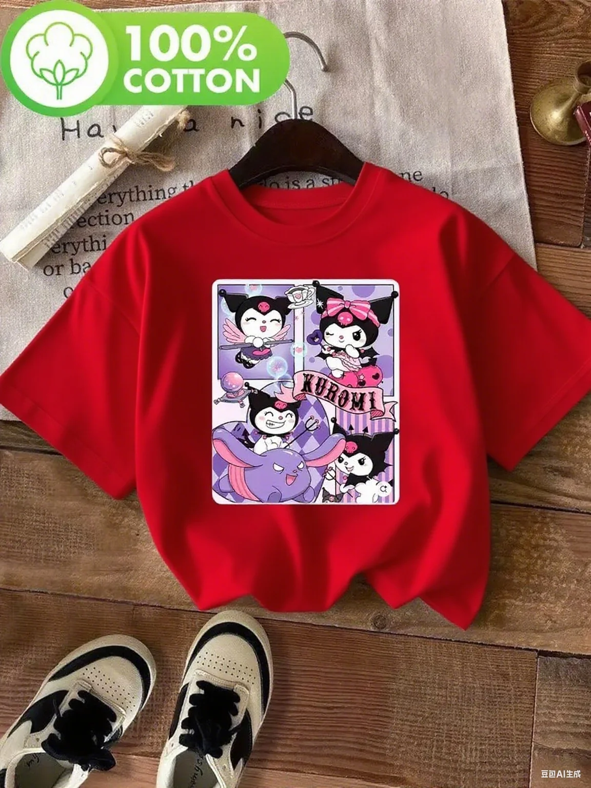تي شيرت قطني مطبوع عليه رسوم كارتونية من Kuromi، نمط ممتع ومرح للمظهر اليومي، تي شيرت عصري مطبوع من القطن الخالص بأكمام قصيرة