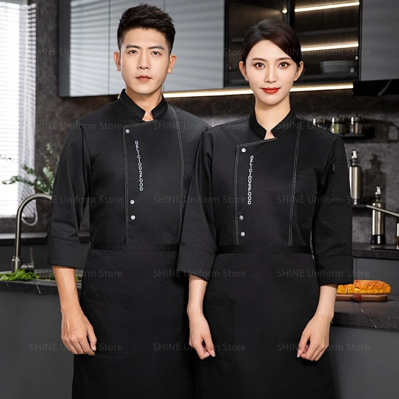長袖メンズコックコートレストランシェフ衣装シェフユニフォームTシャツホテルシェフジャケットエプロン作業服ウェイター服ロゴ