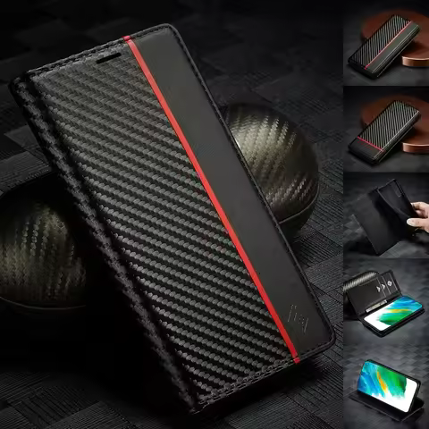 Leather Business Carbon Fibre Case For Samsung Glaxy S25 S24 S23 S22 S21 S20 Ultra FE S10 Plus Note20 Flip Wallet Card Cover