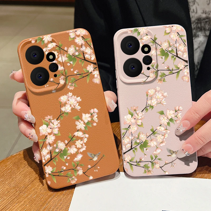 Leather Texture Silicone Case For Xiaomi Redmi Note 13 14 12 11 Pro 5G Funda Xiaomi 13T Pro Pink Cherry Blossom Sakura Cover