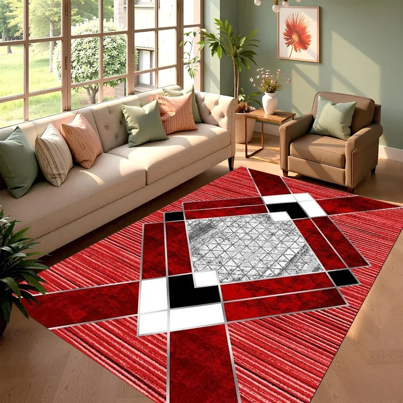 Red White Geometric Block Area Rug, Modern Abstract Print Floor Mat, Stylish Living Room Decor Carpet