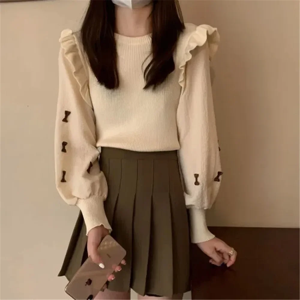 Vintage Patchwork Ruffles Knitted Sweater Women Brown Sweet Bow O-Neck Pullover Korean Black Students Preppy Lantern Sleeve Top