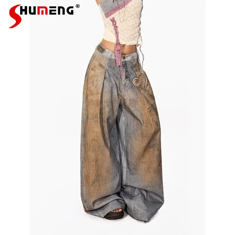 

American Style Vintage Jeans Female Summer Heavy Work Old Wide Leg Trousers Soft Girl Mopping Long Denim Pants Women's Clothing