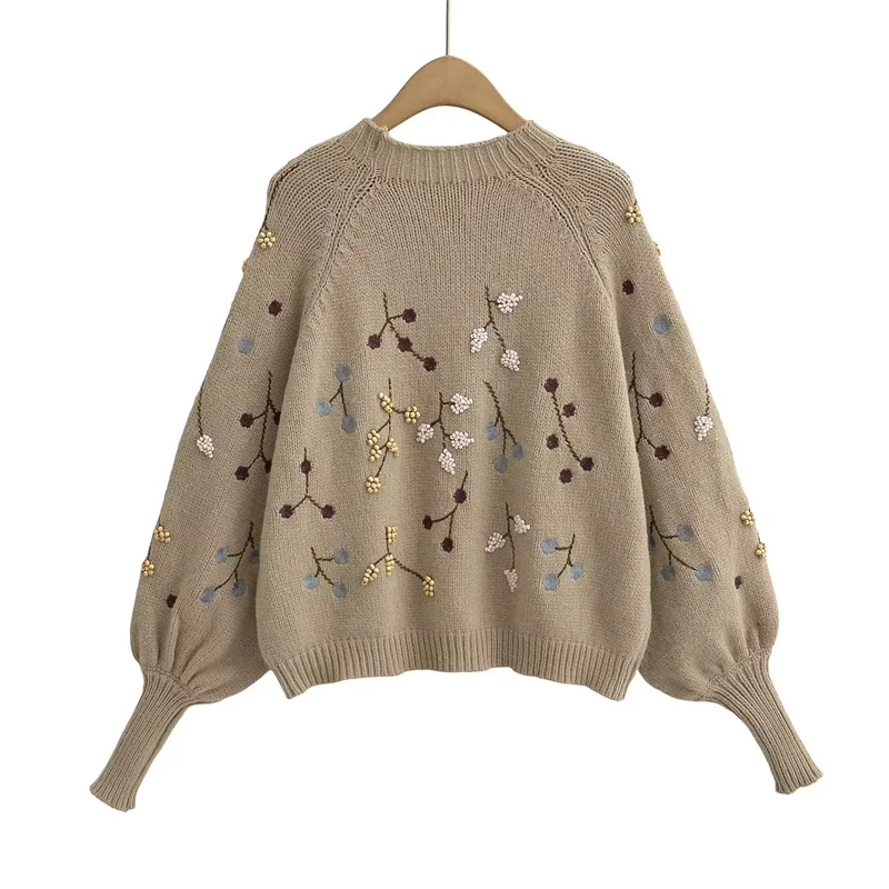 KEYANKETIAN Winter New Women\'s Hand-Beaded Flowers Decorate Embroidery Sweater Mori Girl Style Lantern Sleeve Padded Pullover