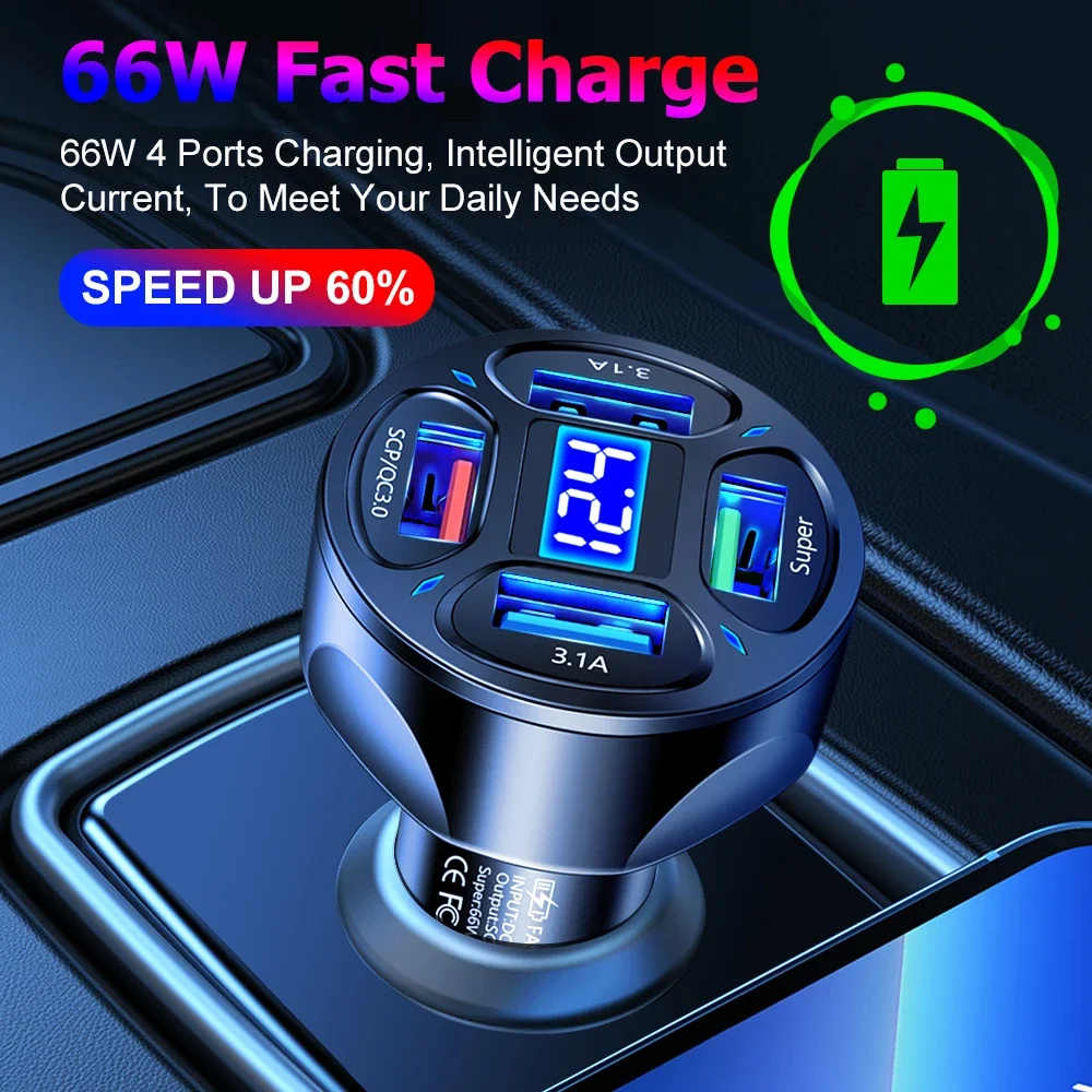 66W Car Charger QC 3.0 USB Car Charger Quick Charging 4-Port Phone Charger Cigarette Lighter Adapter Charger for IPhone Xiaomi