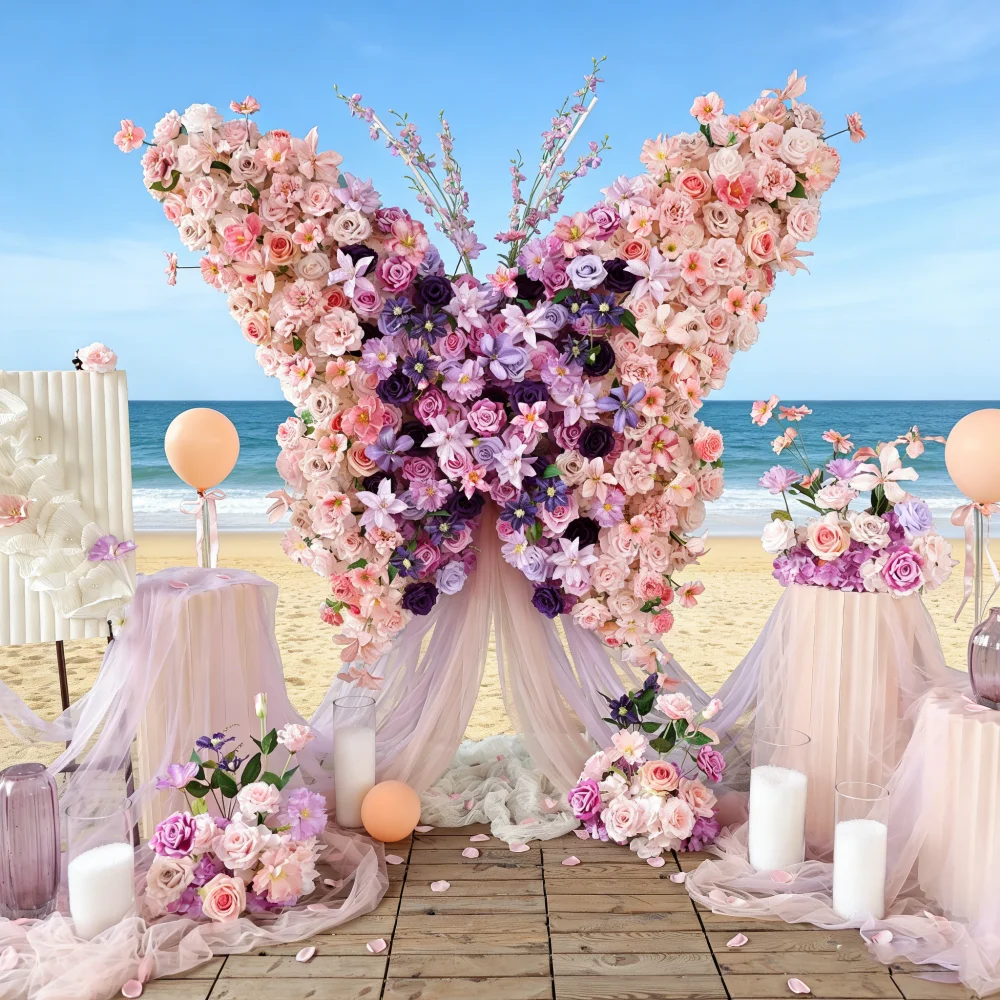 

5.6ft H X 5.6ft W Pink Purple Large Butterfly Shaped Faux Flower Arrangements for Mall Window Wedding Party Event Decor HY2994