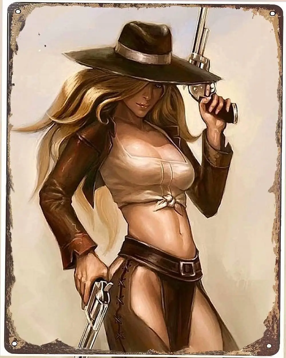 Ascigo Metal Decor for Kitchen Sexy Cowgirl Holding Double Guns Tin Signs Poster Wall Man Cave Bar Cafe Home Gar