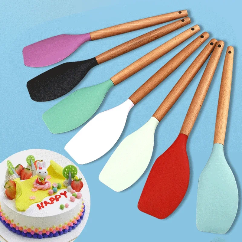 2Pcs Holzgriff Kuchen Spatel Creme Mischen Teig Schaber Butter Mixer Silikon Backen Spatel Hitzebeständige Küche Utensilien