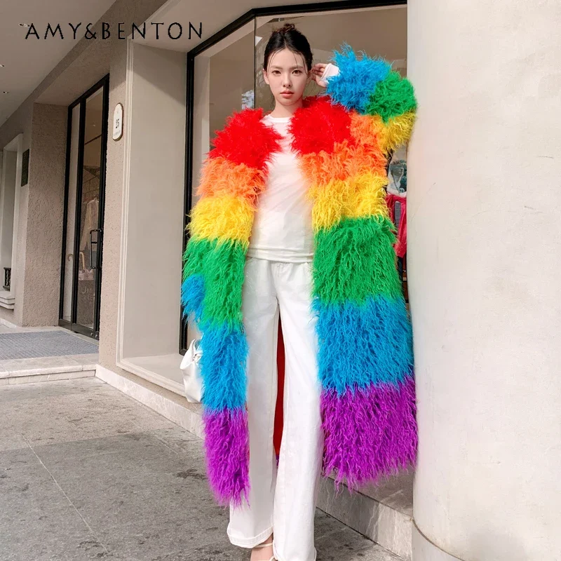 2024 Autumn And Winter New Fashion Faux Fur Rainbow Striped Furry Coat Imitation Sheep Wool Long Knee Length Windbreaker Outwear