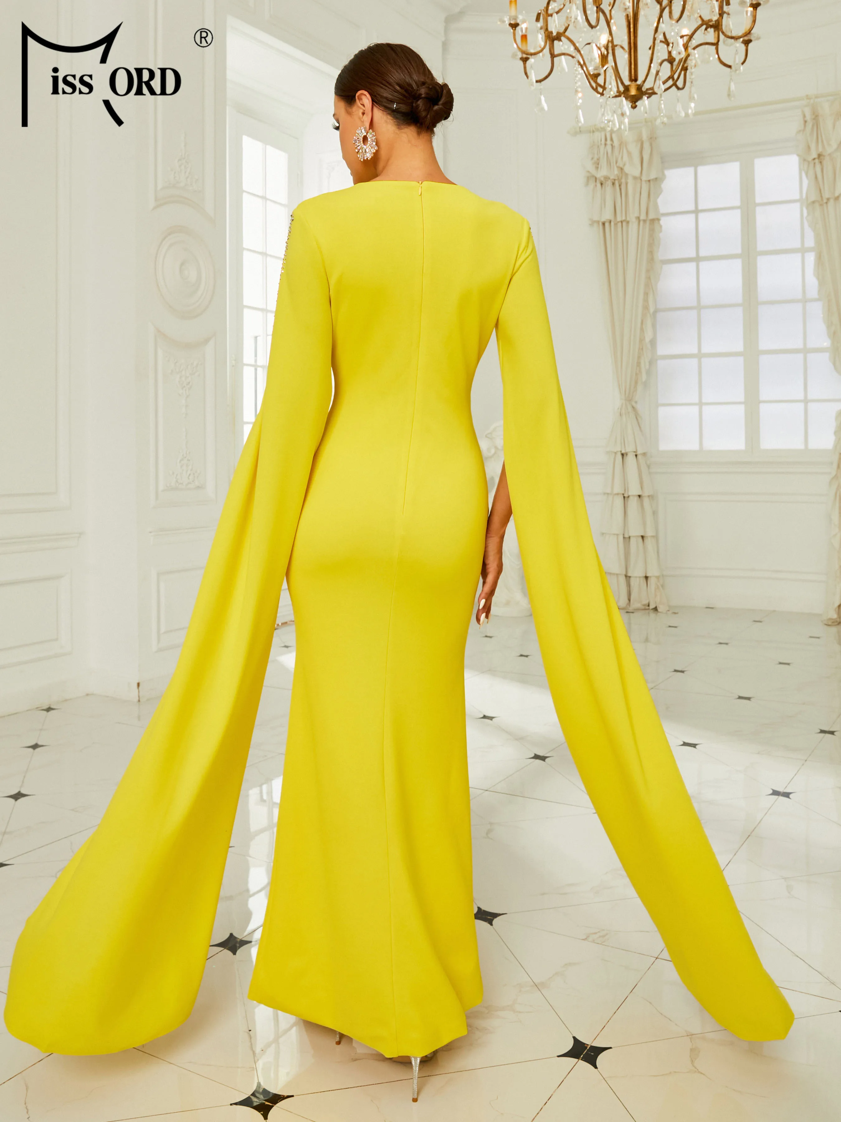 Missord Elegant Yellow Prom Dress For Muslim Women O-Neck Split Long Sleeve Diamonds Bodycon Party Dresses Formal Evening Gown