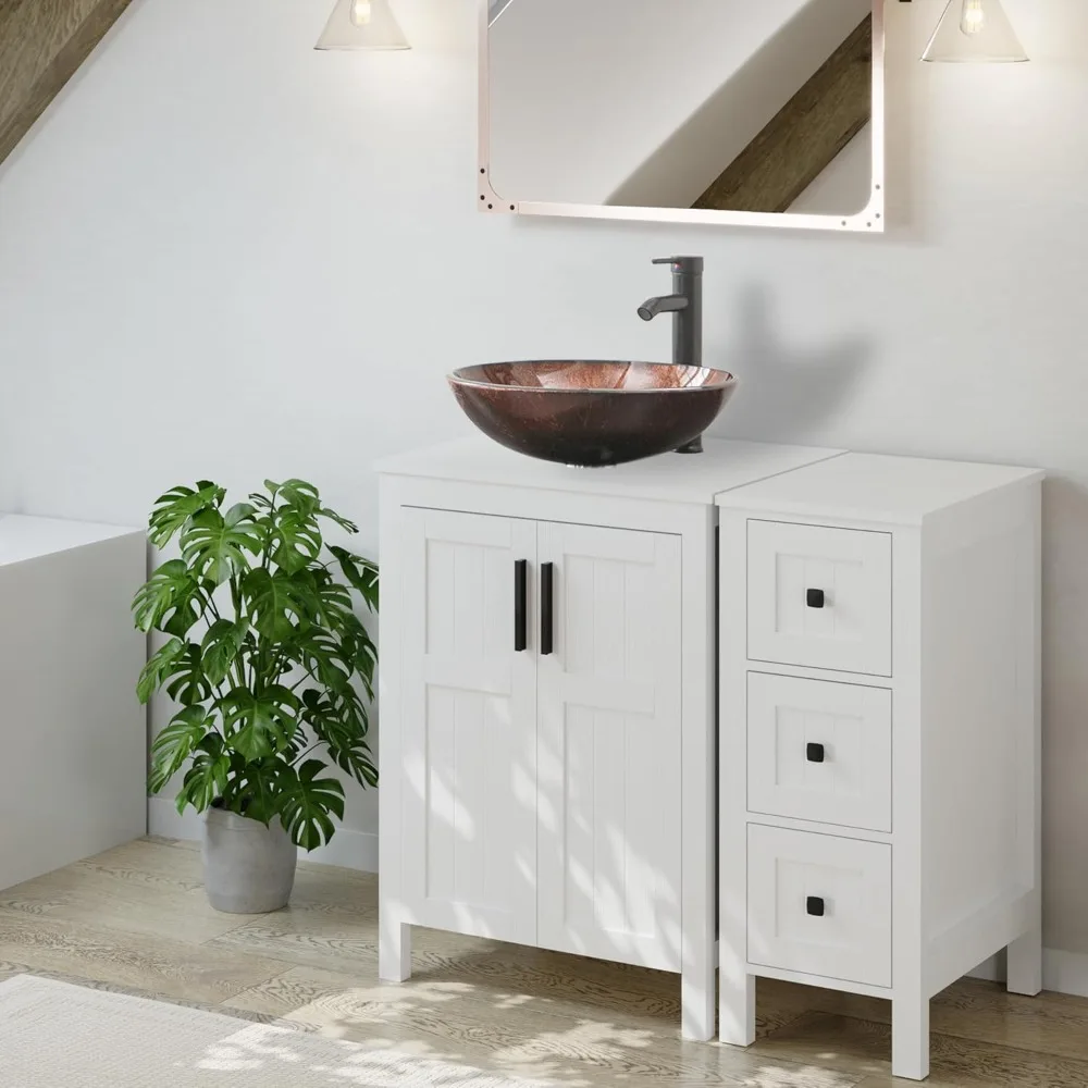 Vanité de salle de bain de 36 pouces avec lavabo, armoire à 3 tiroirs, porte d'évier et poignée en métal, bol rond en bronze, récipient en verre trempé