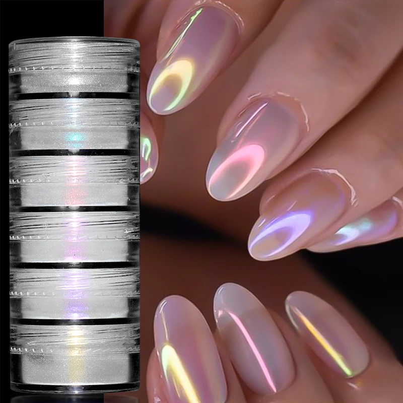 6Boxes White Pearl Powder Aurora Nail Glitter Pigment Mirror White Iridescent Fairy Fine Chrome Rubbing On Dust Manicure Decor